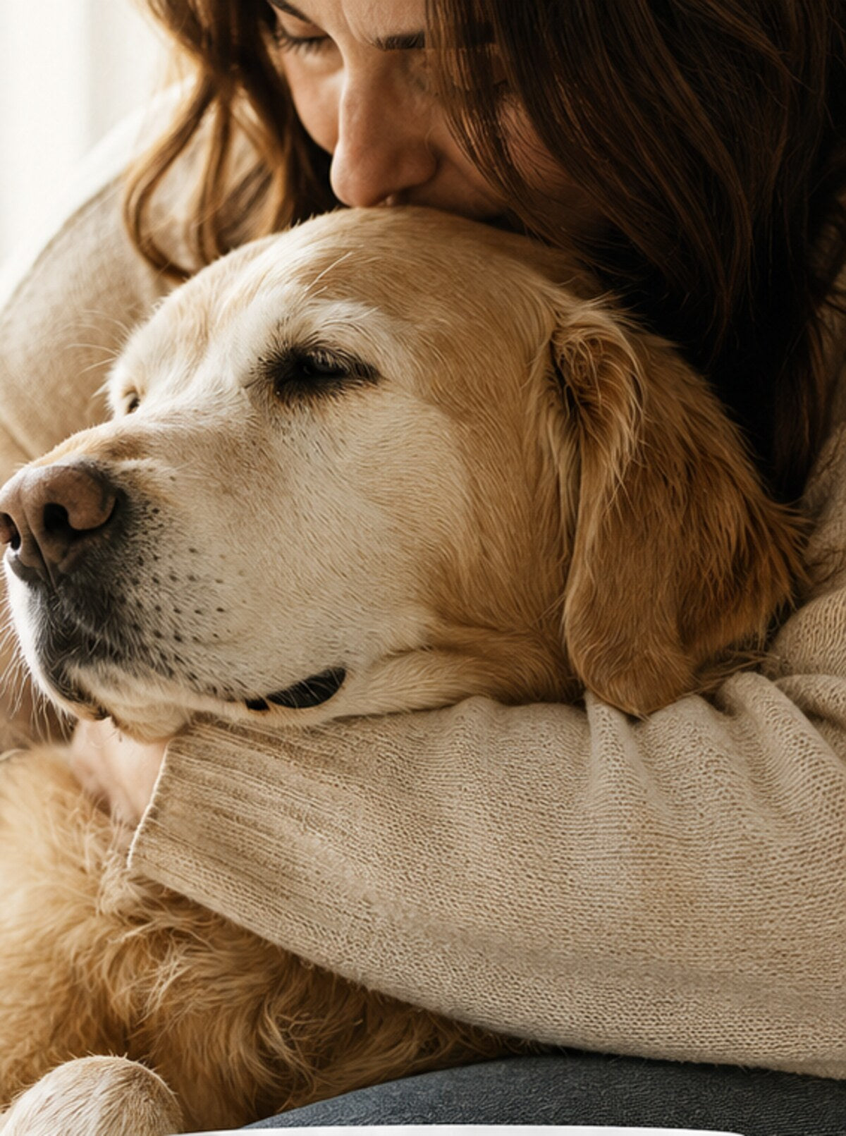 A dog resting calmly with its owner